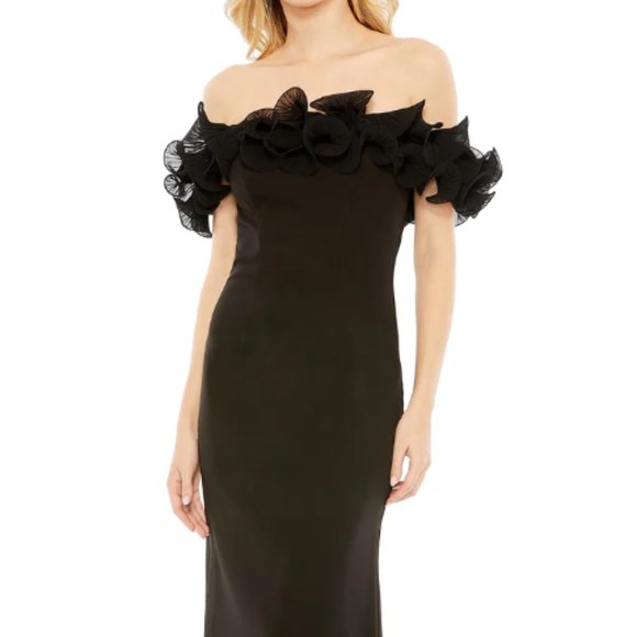 MAC DUGGAL 49643 OFF THE SHOULDER RUFFLE DETAIL BLACK COLUMN GOWN sz 16 - Picture 1 of 3